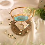 Agate Namokar Mantra Oval Shape Metal Showpiece- Turquoise