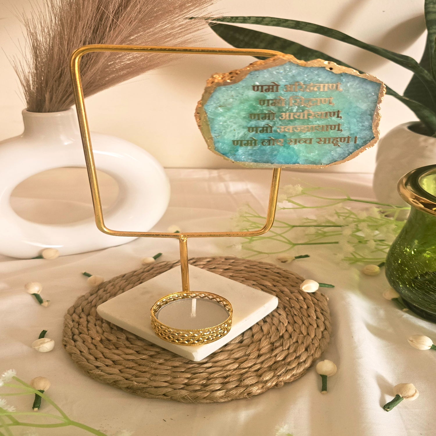 Agate Namokar Mantra Rectangular Shape Metal Showpiece- Turquoise