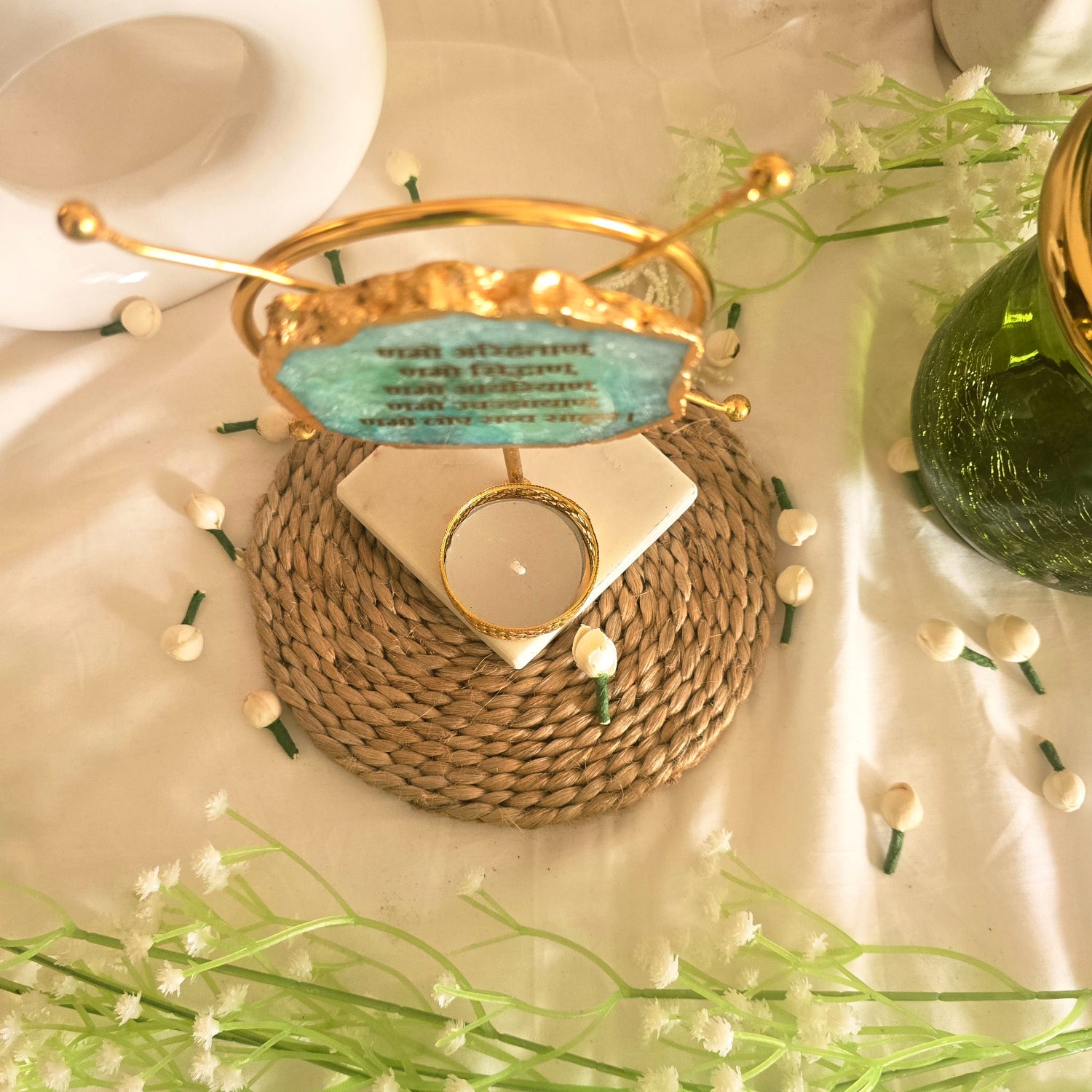 Agate Namokar Mantra Round Shape Metal Showpiece- Turquoise