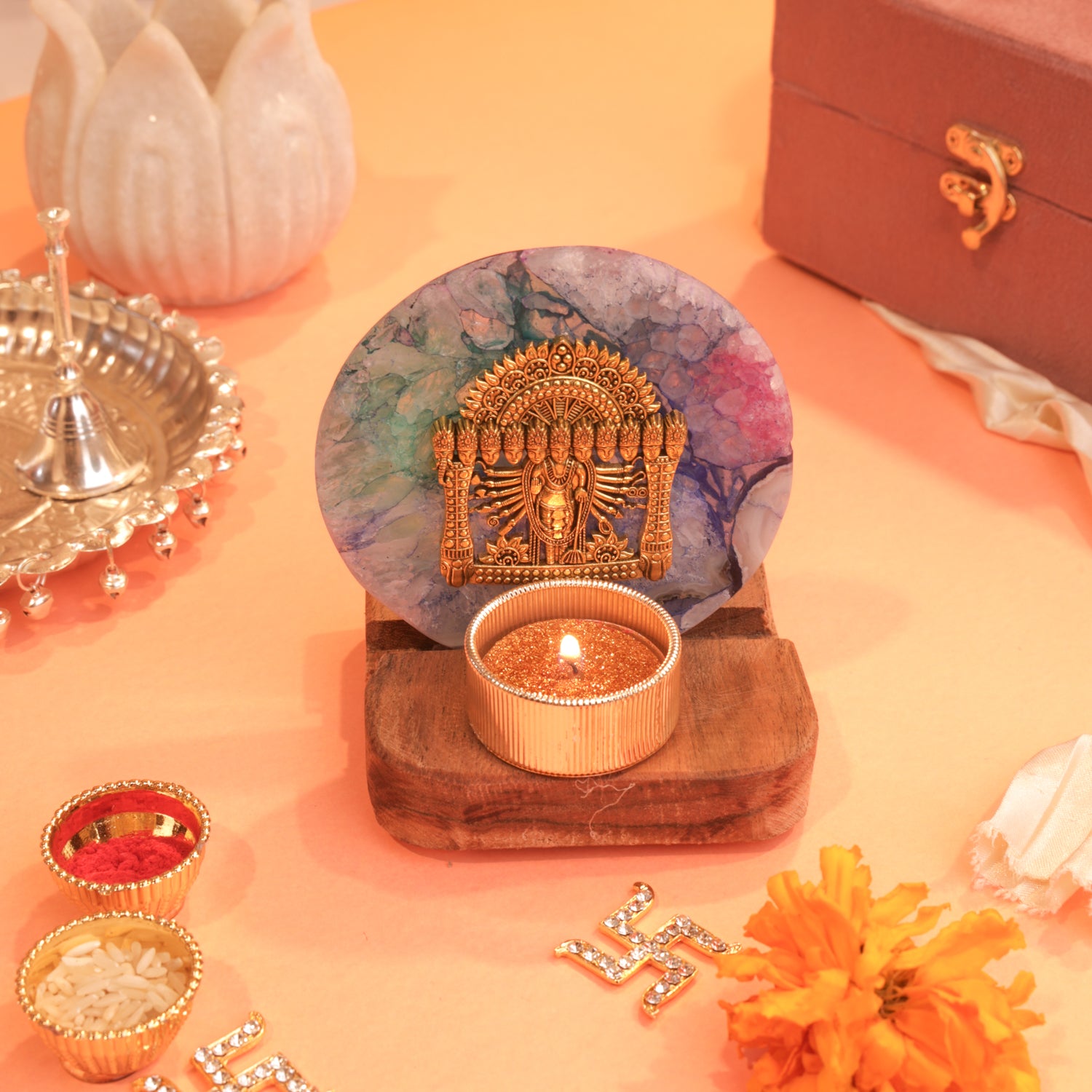 Agate Narayan Wooden Tealight - Mixed Agate