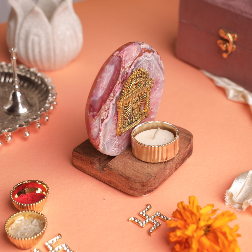 Agate Narayan Wooden Tealight - Pink