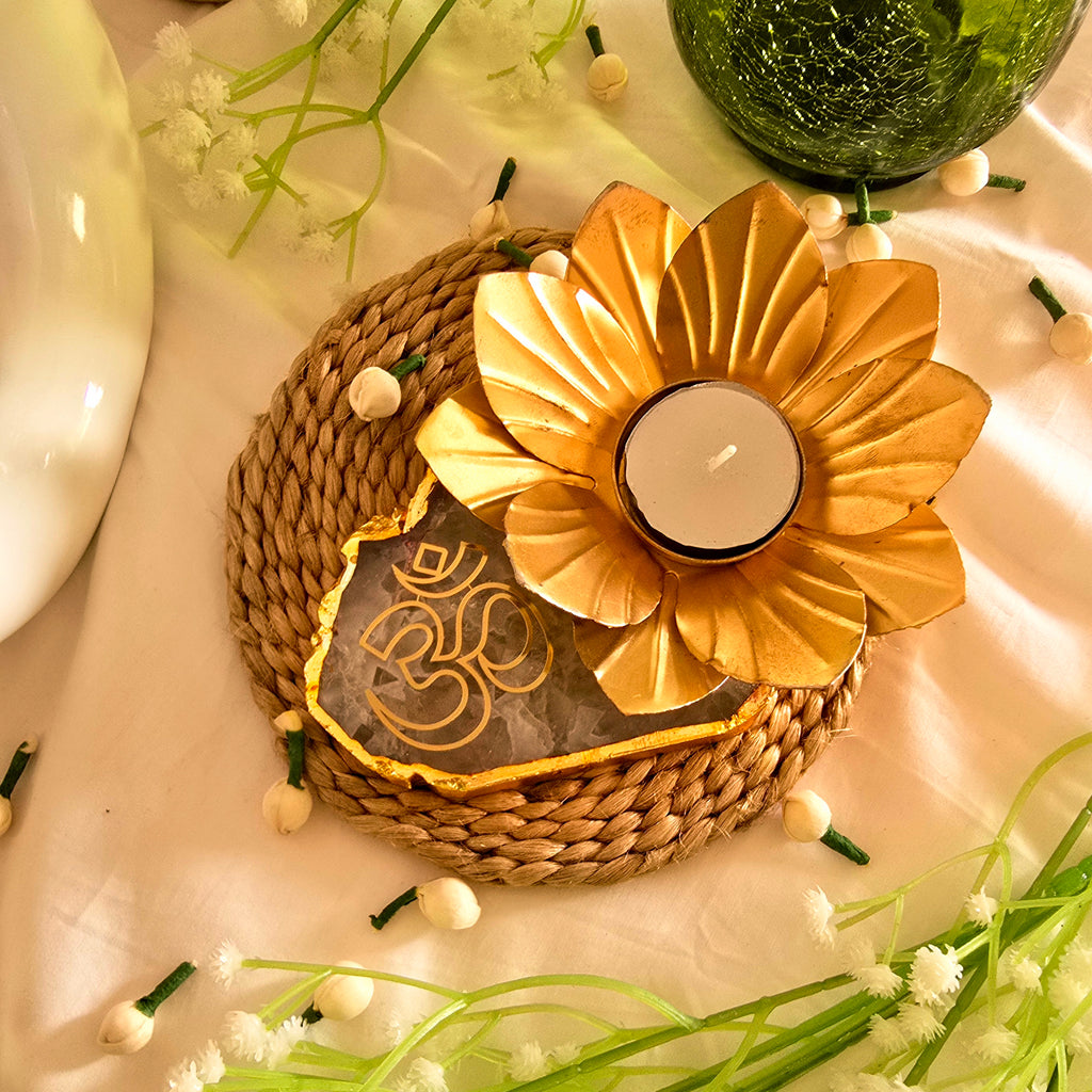 Agate Om Flower Shape Tealight Holder- White
