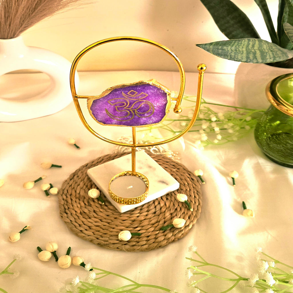 Agate OM Oval Shape Metal Showpiece- Purple