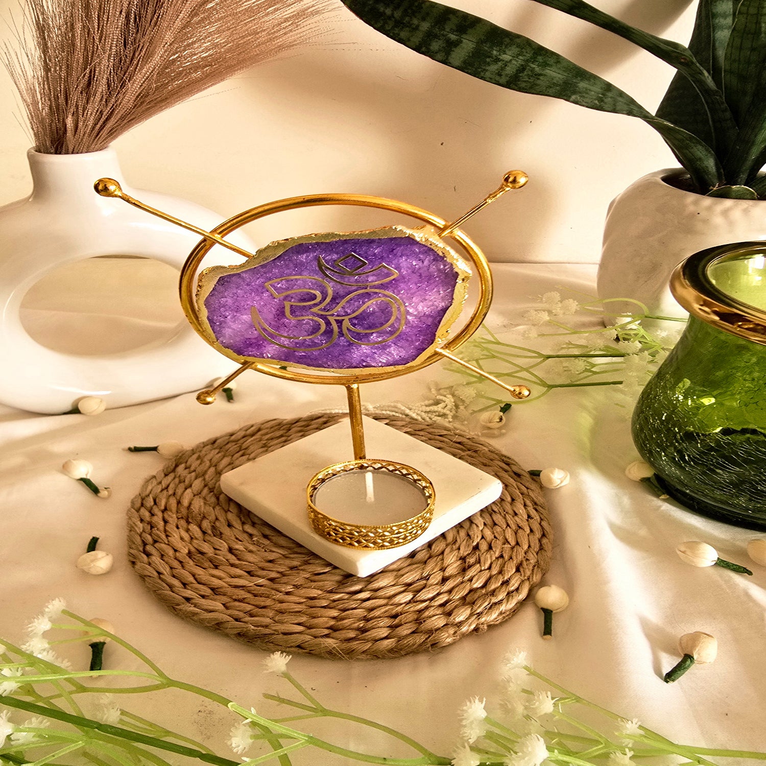 Agate OM Round Shape Metal Showpiece- Purple