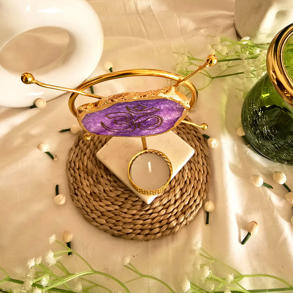 Agate OM Round Shape Metal Showpiece- Purple