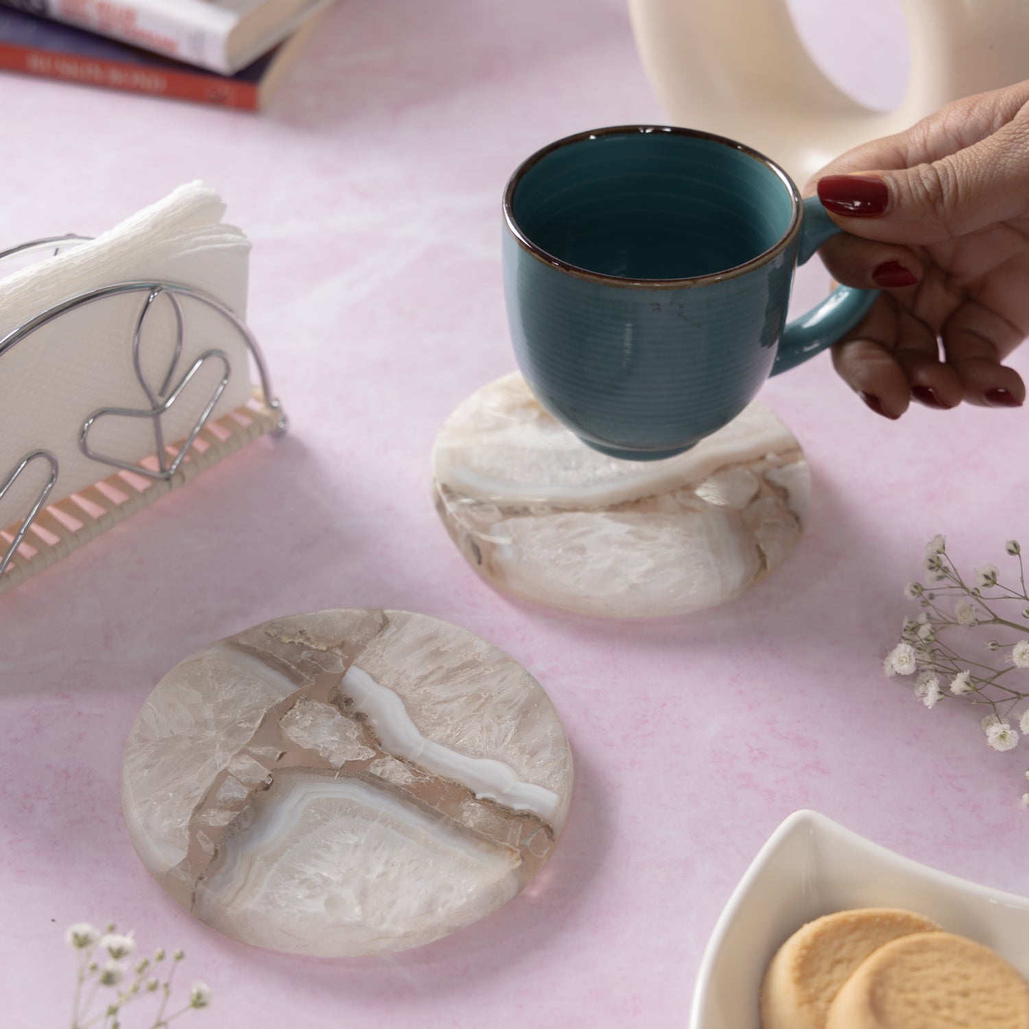 White Agate Round Resin Coaster Set of 2