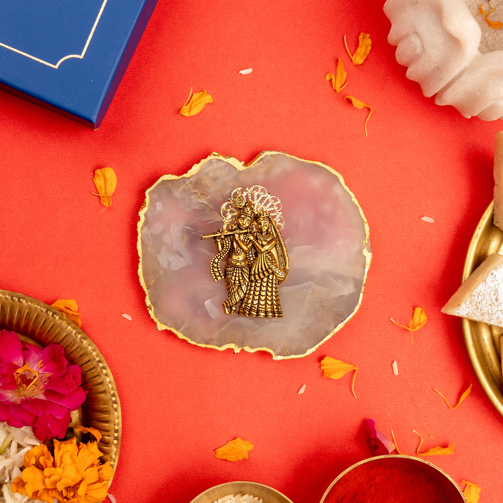 Agate Radhakrishna Showpiece Gold Platting Egdes With Metal Stand - Natural