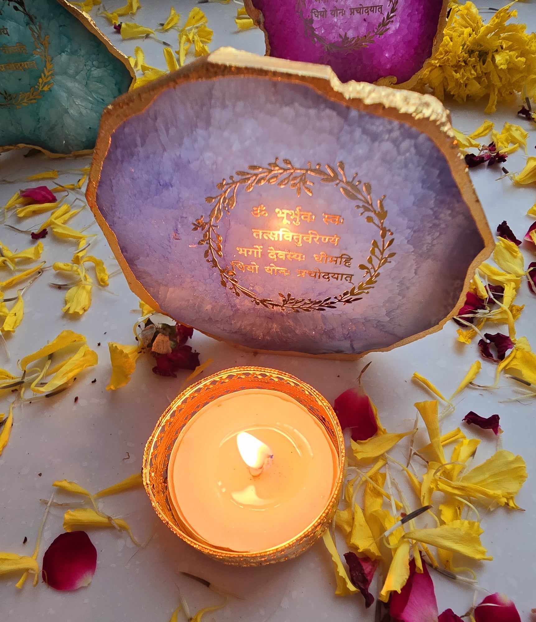 Agate Gayatri Mantra Small Back Side Tealight- Blue