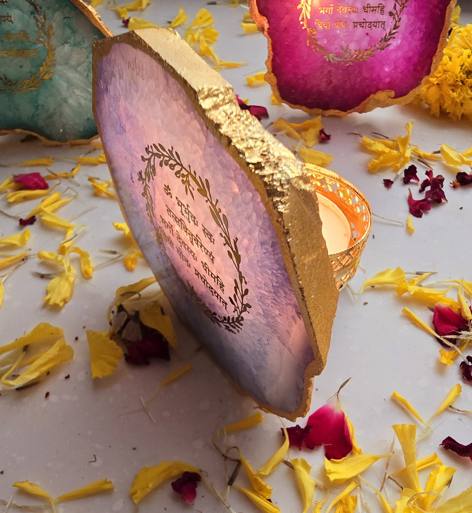 Agate Gayatri Mantra Small Back Side Tealight- Blue