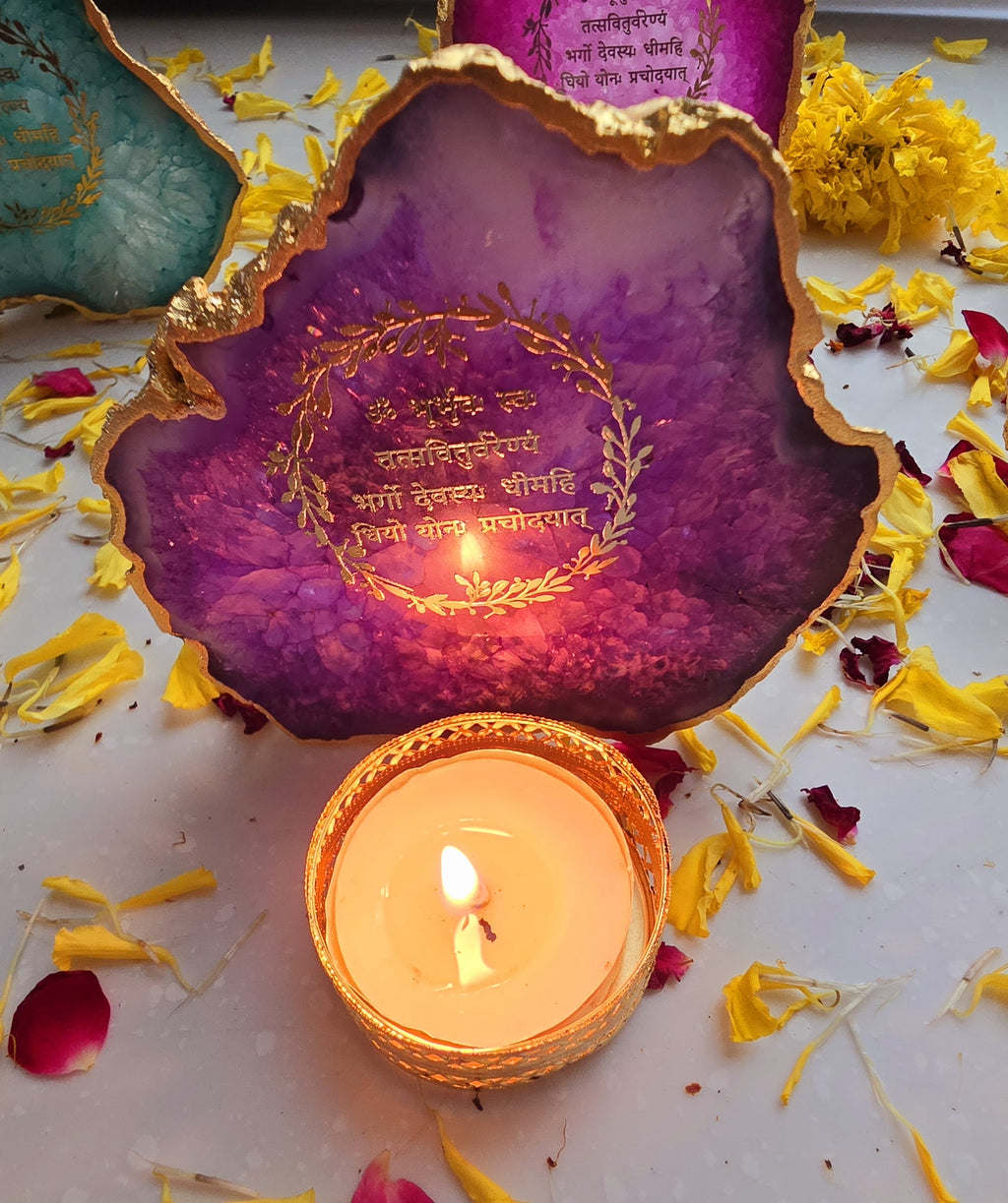 Agate Gayatri Mantra Small Back Side Tealight- Purple