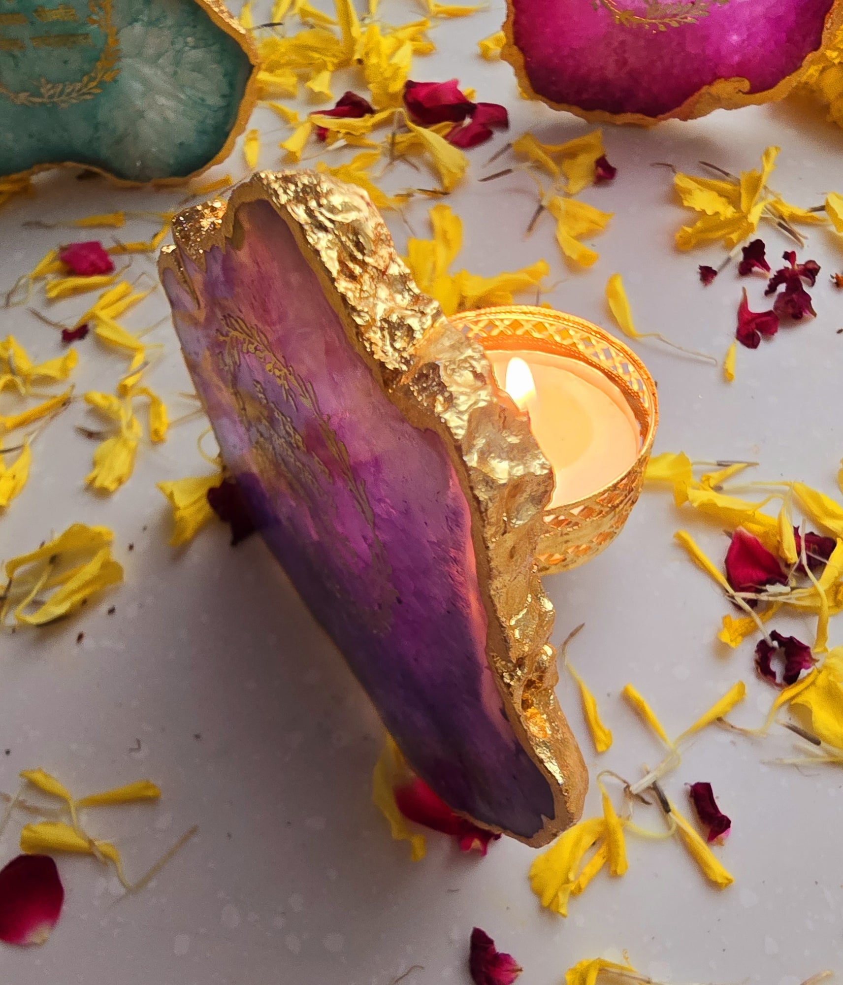 Agate Gayatri Mantra Small Back Side Tealight- Purple