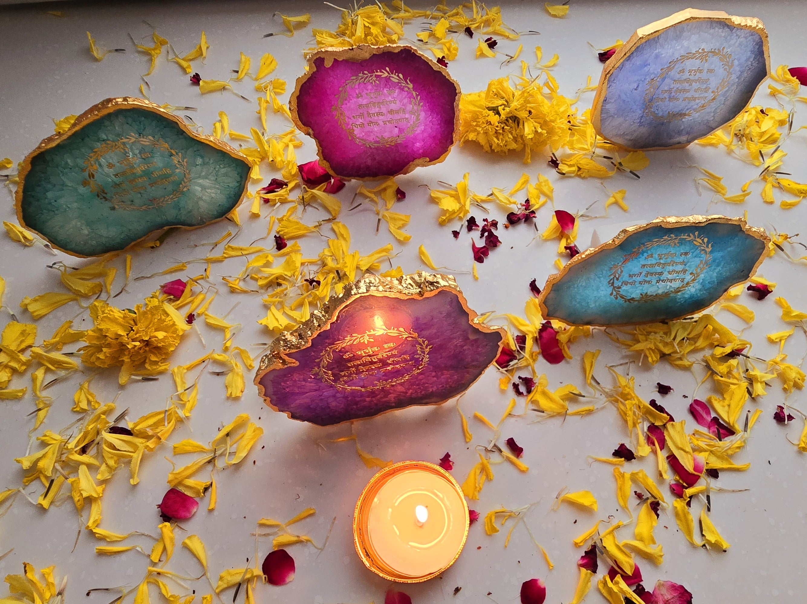 Agate Gayatri Mantra Small Back Side Tealight- Purple