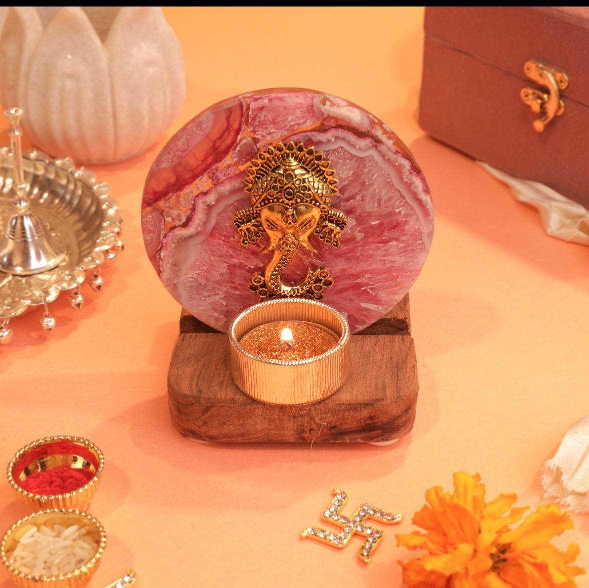 Agate Ganesha Wooden Tealight - Pink