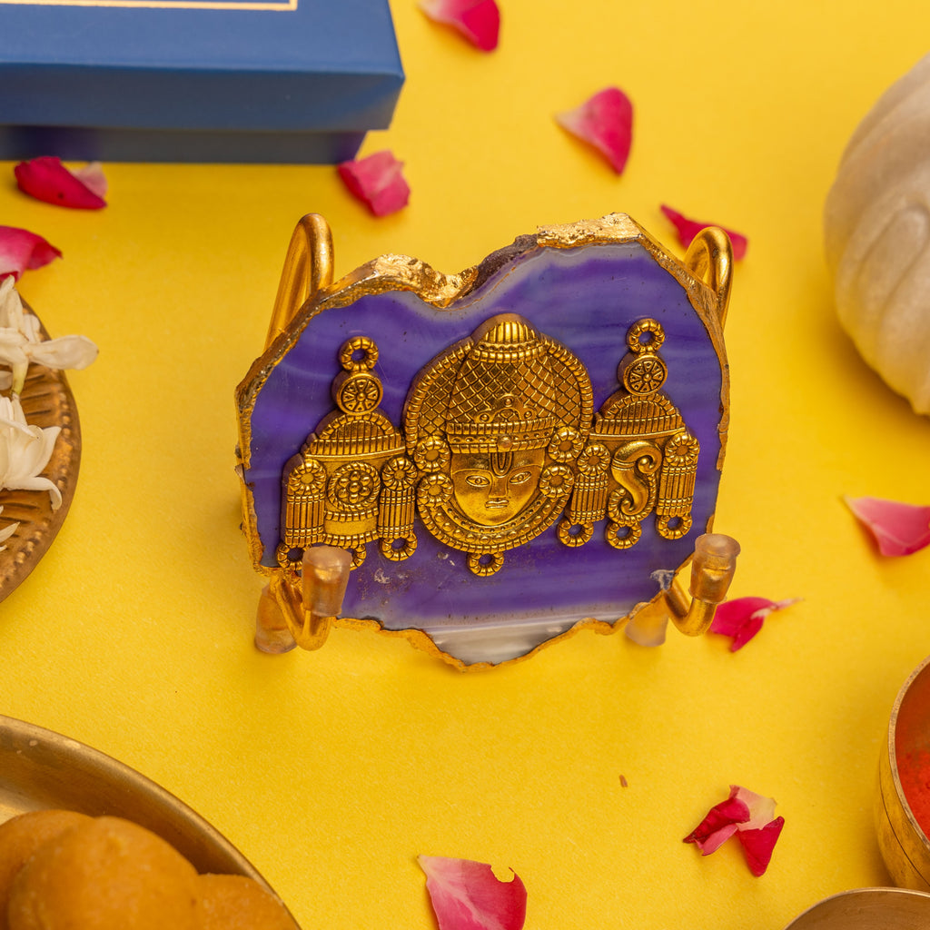 Agate Venkateshwar Showpiece Gold Platting Egdes With Metal Stand - Blue