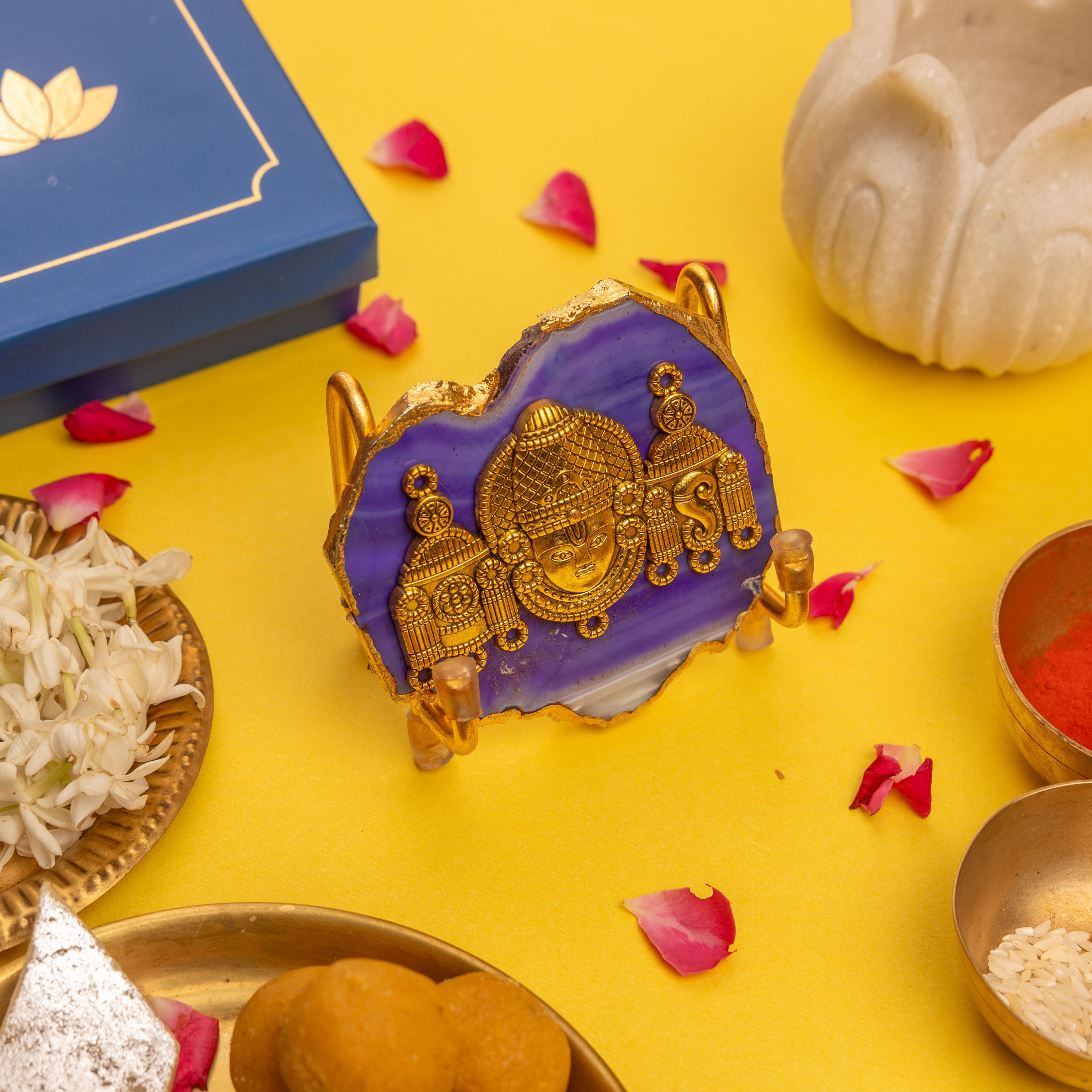 Agate Venkateshwar Showpiece Gold Platting Egdes With Metal Stand - Blue