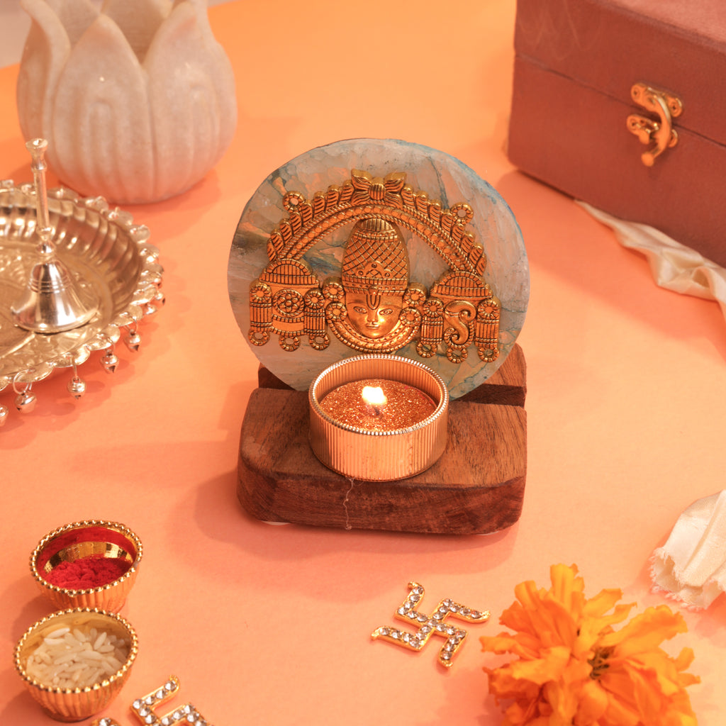 Agate Venkateshwar Wooden Tealight - Blue