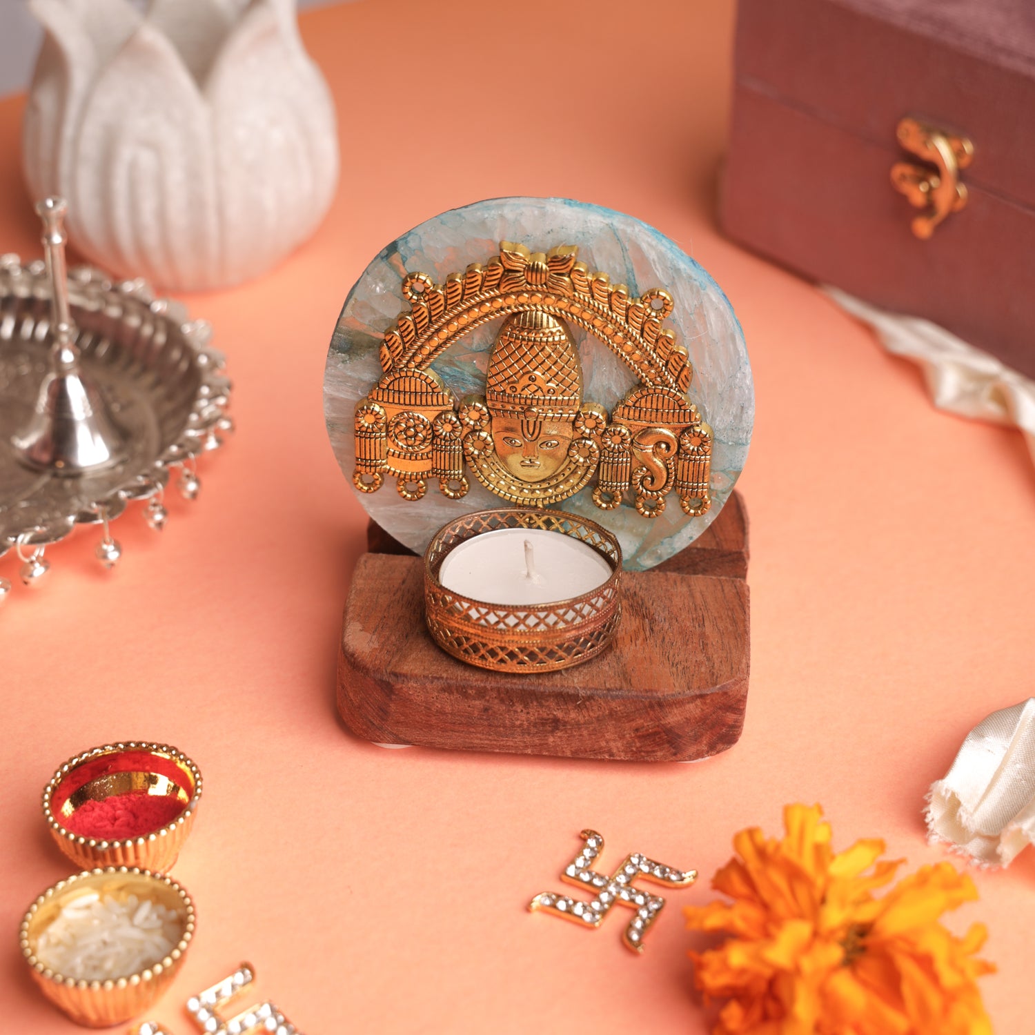 Agate Venkateshwar Wooden Tealight - Blue