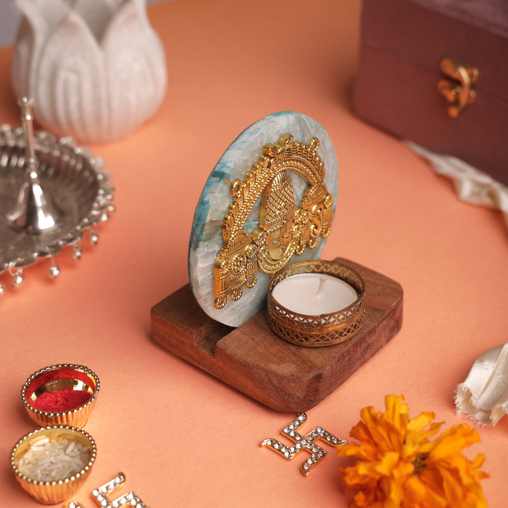 Agate Venkateshwar Wooden Tealight - Blue