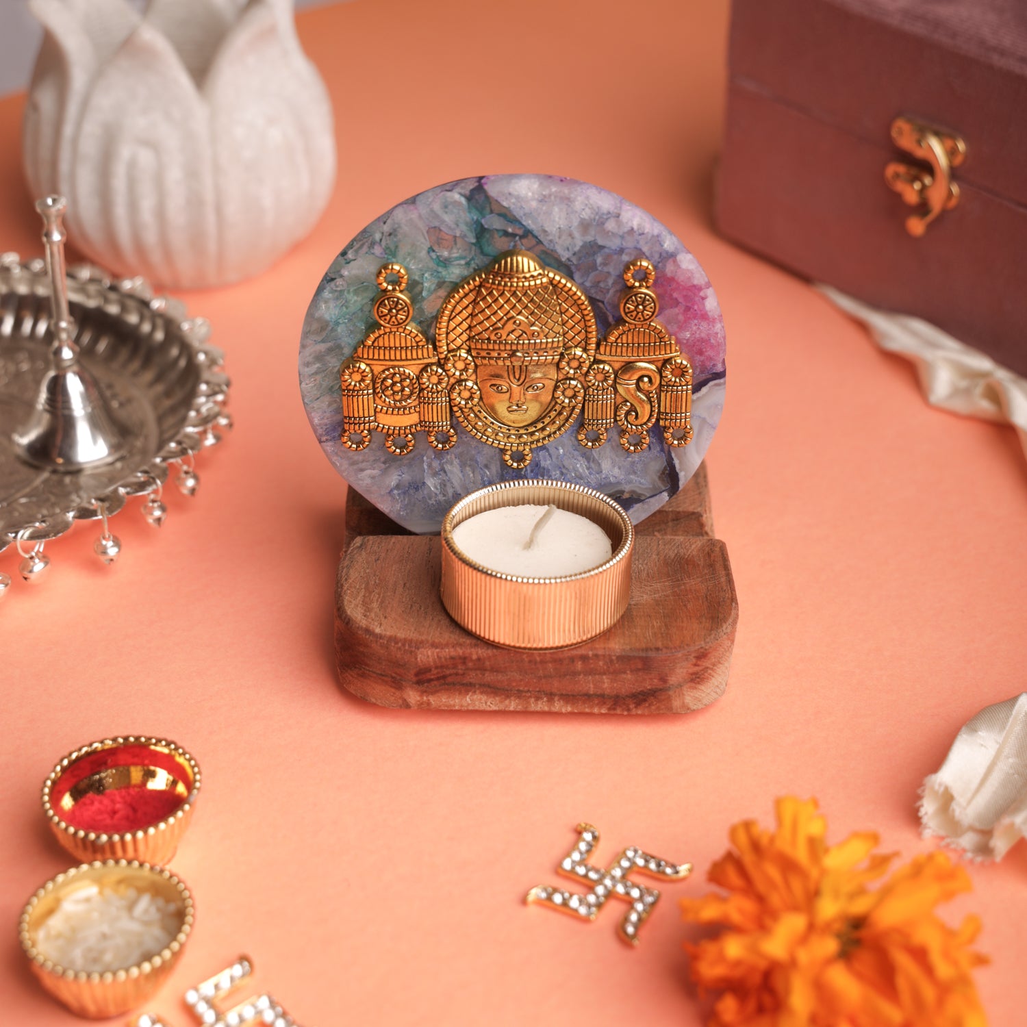 Agate Venkateshwar Wooden Tealight - Mixed Agate