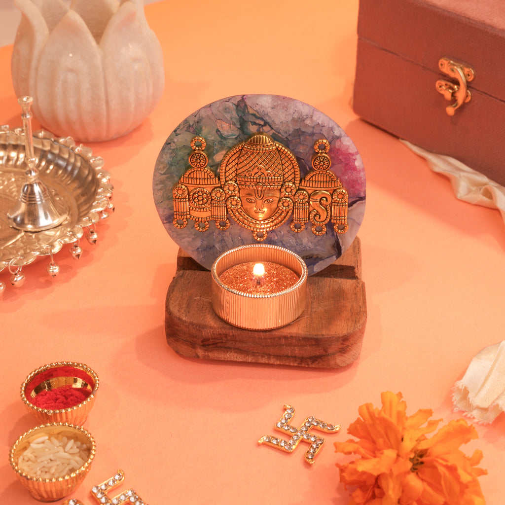 Agate Venkateshwar Wooden Tealight - Mixed Agate