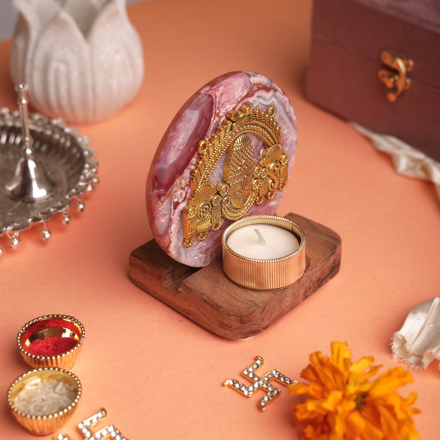 Agate Venkateshwar Wooden Tealight - Pink