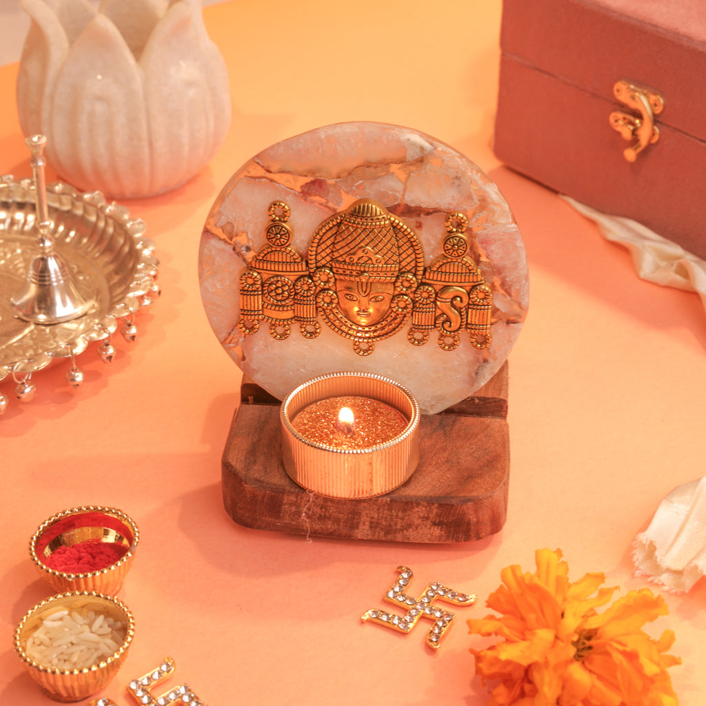 Agate Venkateshwar Wooden Tealight - White