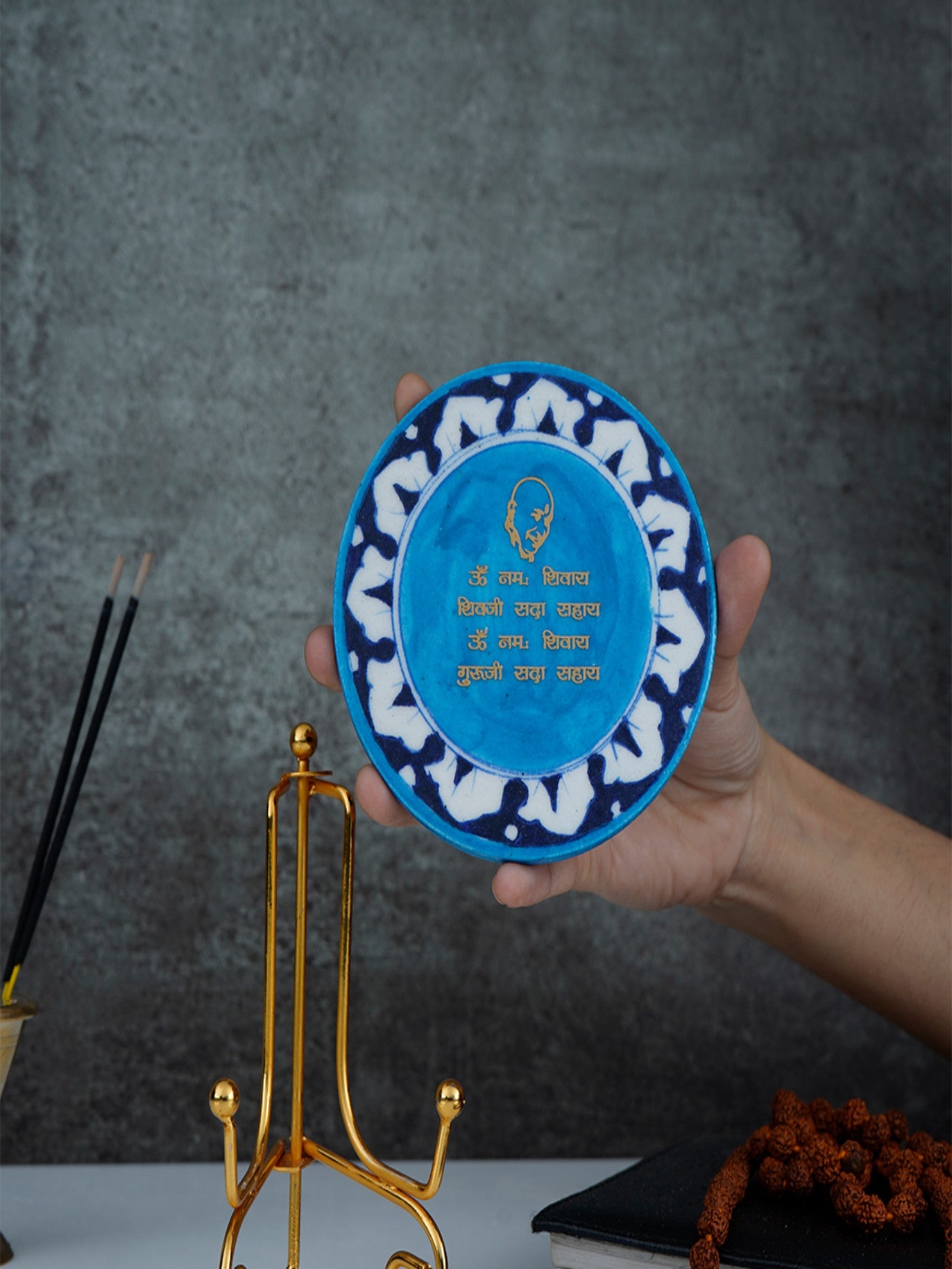 Gayatri Mantra Handcrafted Blue Pottery Showpiece