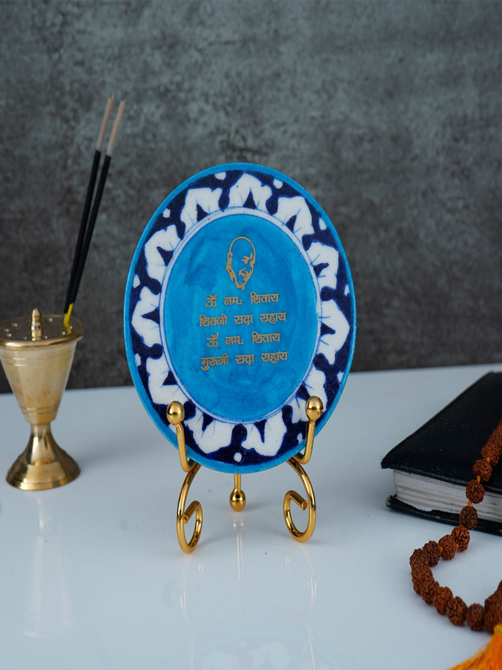 Gayatri Mantra Handcrafted Blue Pottery Showpiece