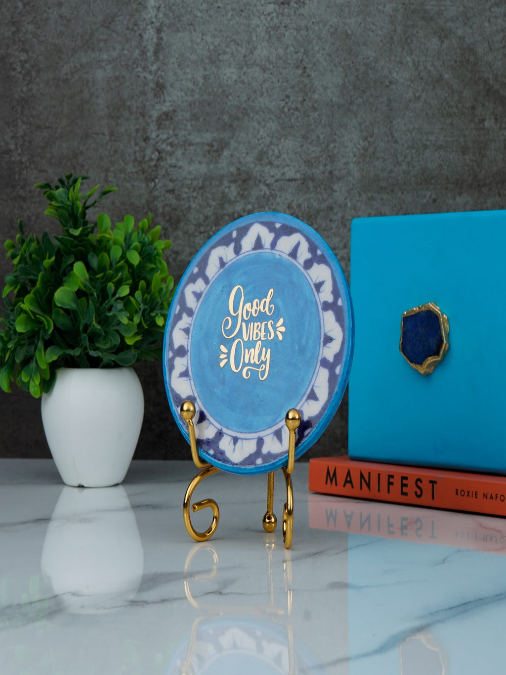 Good Vibes Only Handcrafted Blue Pottery Showpiece