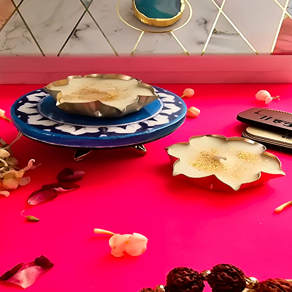 Blue Pottery Choki And Candle Set