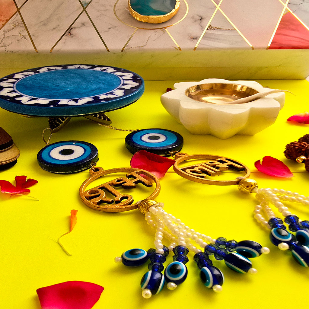 Blue Pottery Choki , Door Hangings And Marble Diya Set