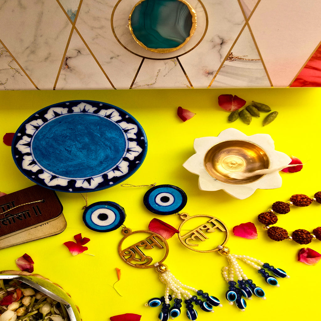 Blue Pottery Choki , Door Hangings And Marble Diya Set