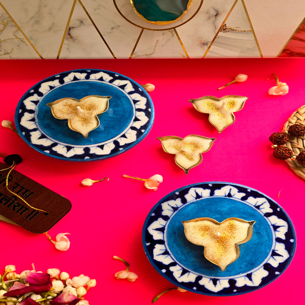 Blue Pottery Choki (Set Of 2) And Candle (Set Of 4) Combo