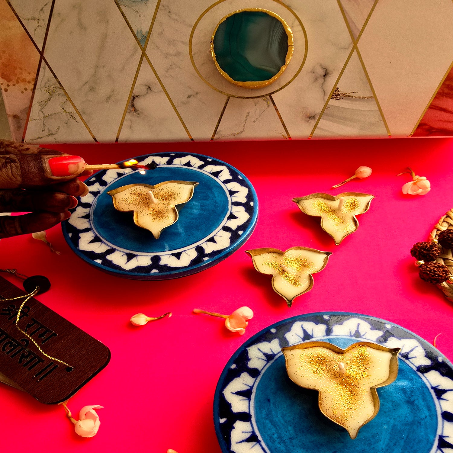 Blue Pottery Choki (Set Of 2) And Candle (Set Of 4) Combo