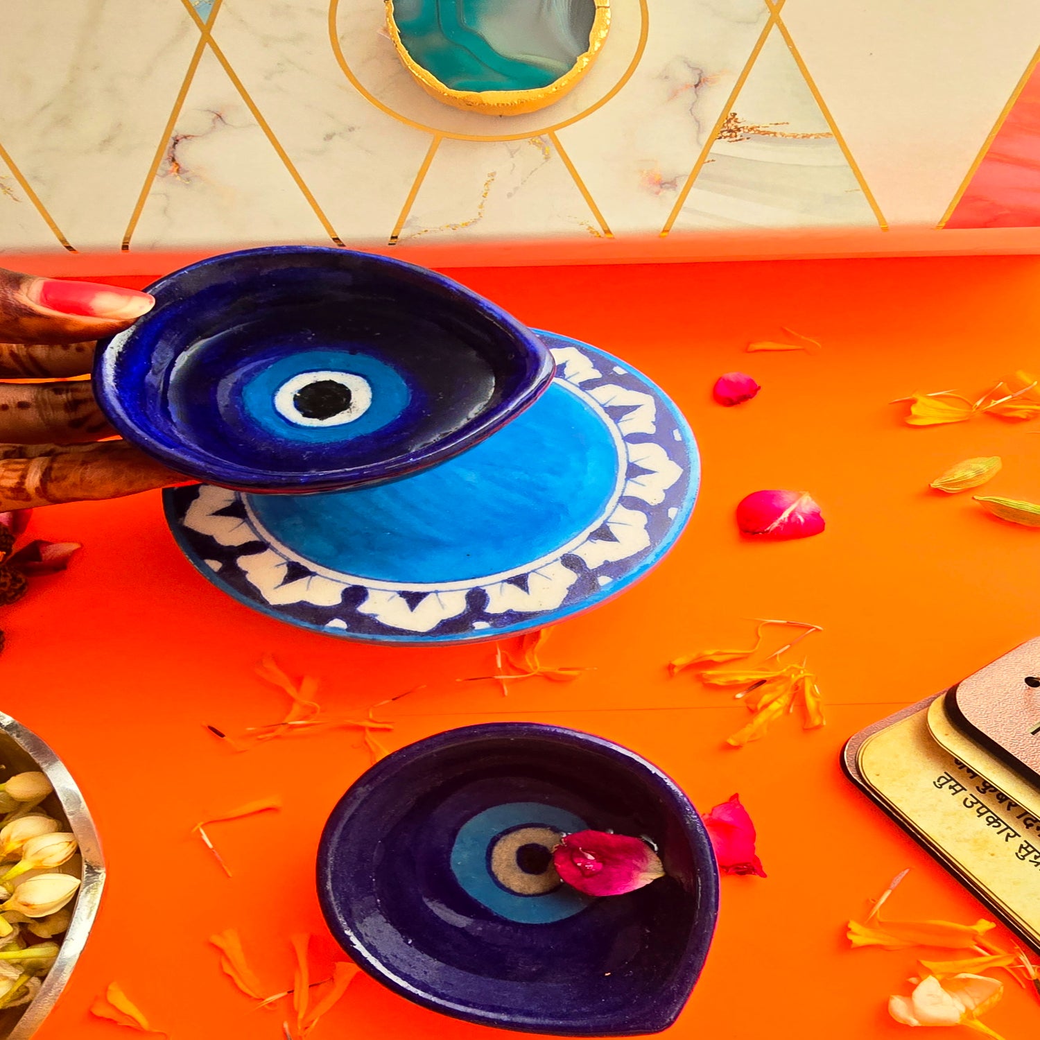 Blue Pottery Choki And Diya Set