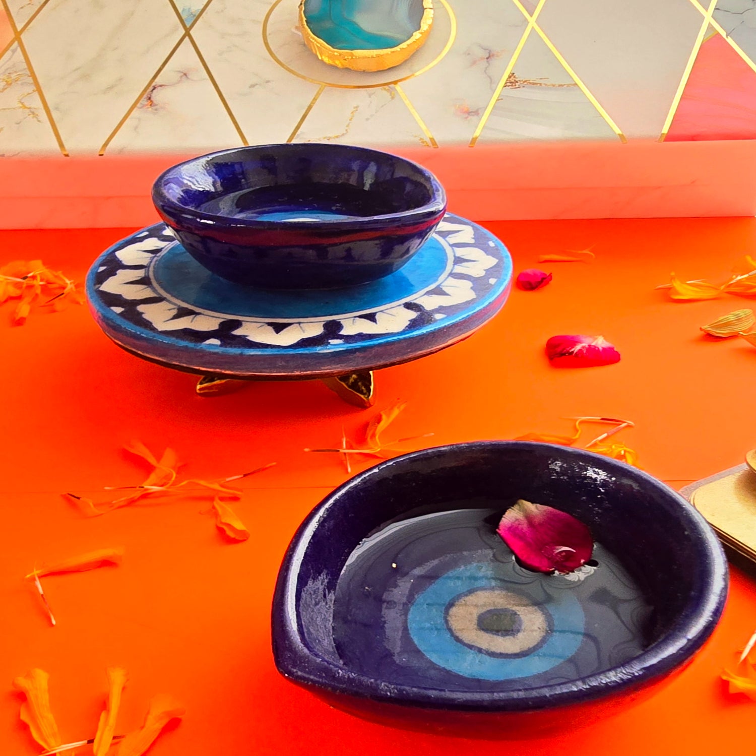 Blue Pottery Choki And Diya Set