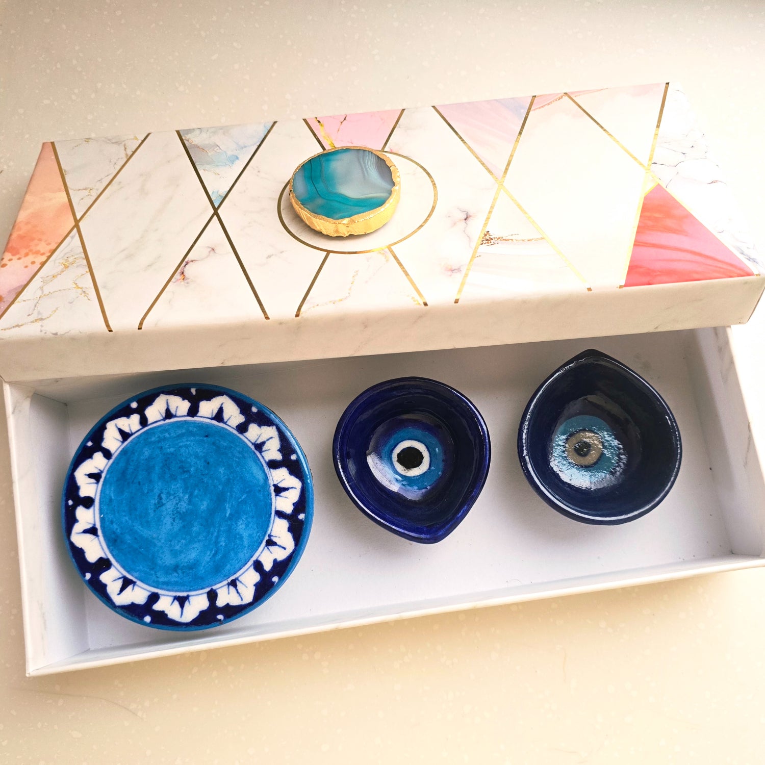 Blue Pottery Choki And Diya Set