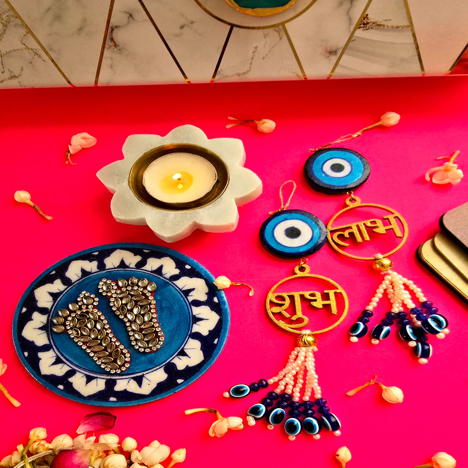 Blue Pottery Laxmi Charan , Door Hangings And Marble Diya Set