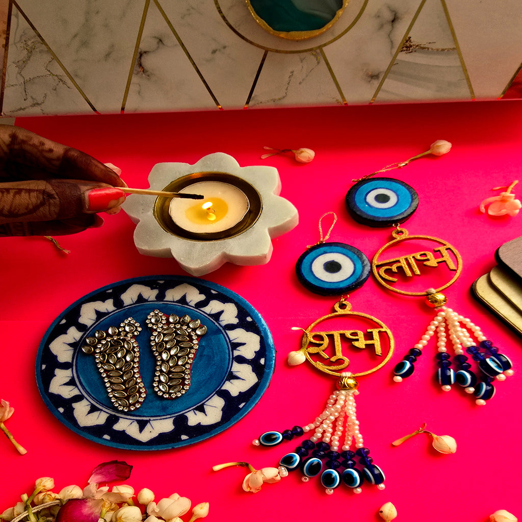 Blue Pottery Laxmi Charan , Door Hangings And Marble Diya Set