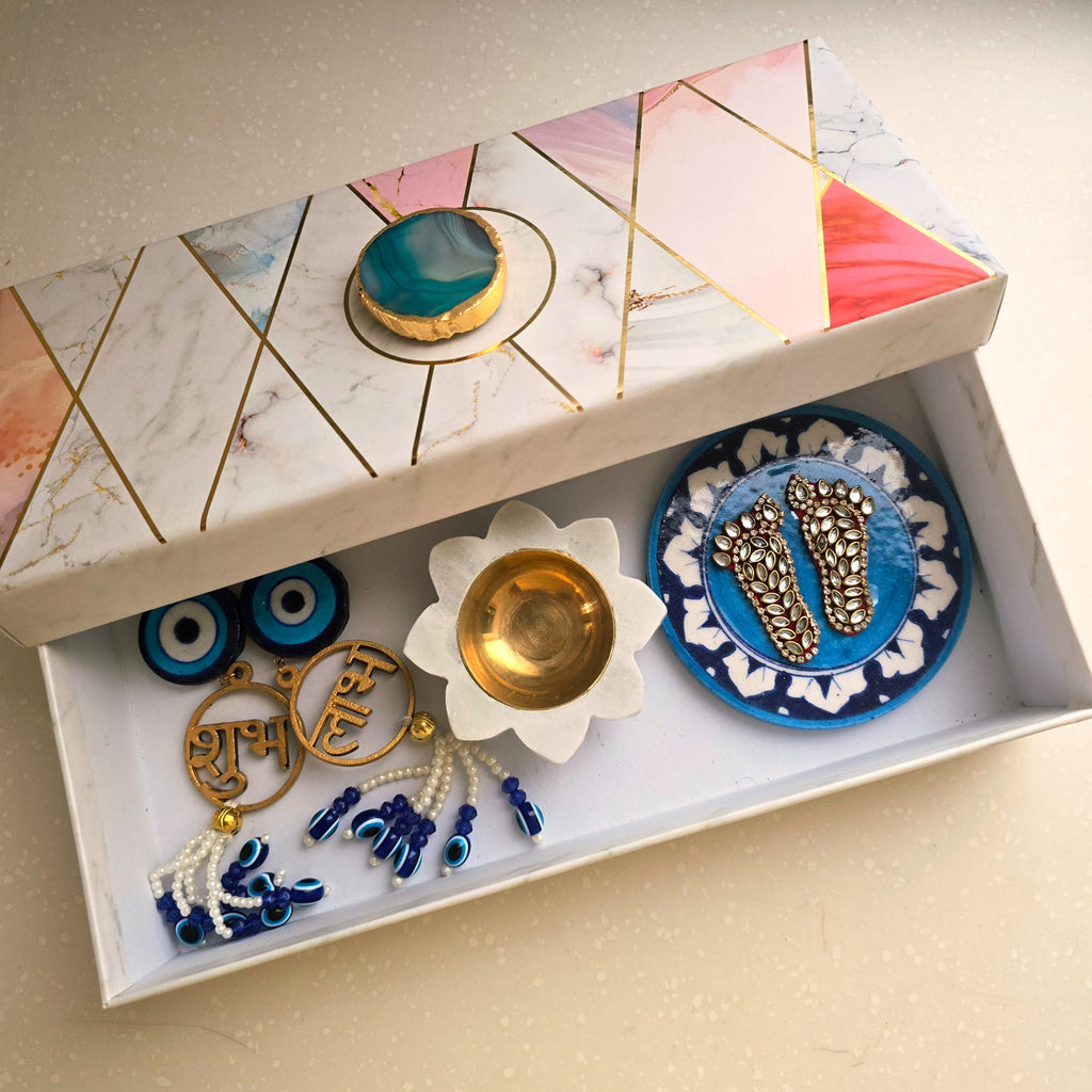 Blue Pottery Laxmi Charan , Door Hangings And Marble Diya Set