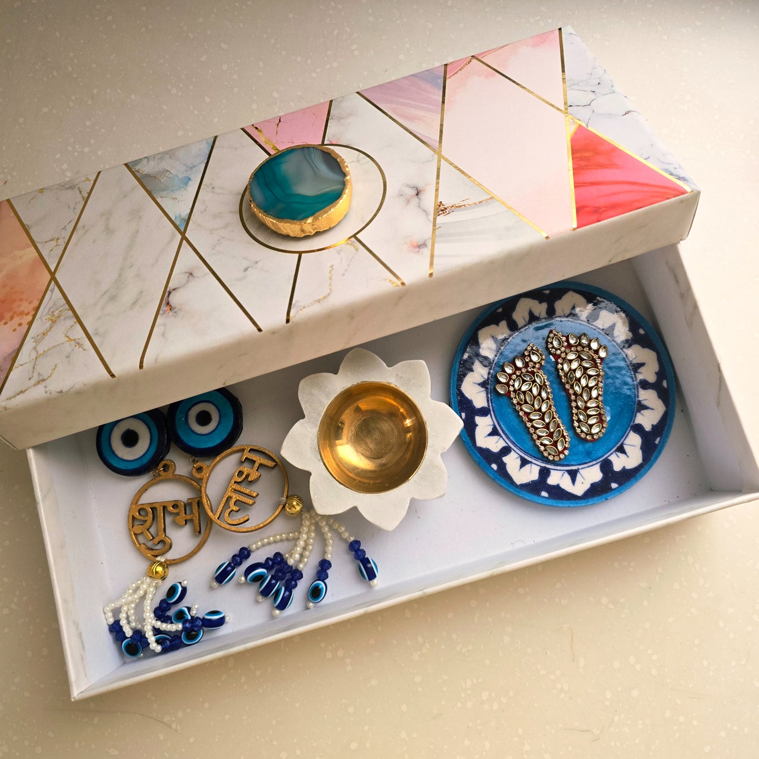 Blue Pottery Laxmi Charan , Door Hangings And Marble Diya Set