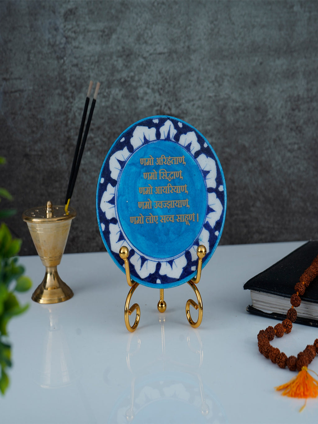 Namokar Mantra Handcrafted Blue Pottery Showpiece