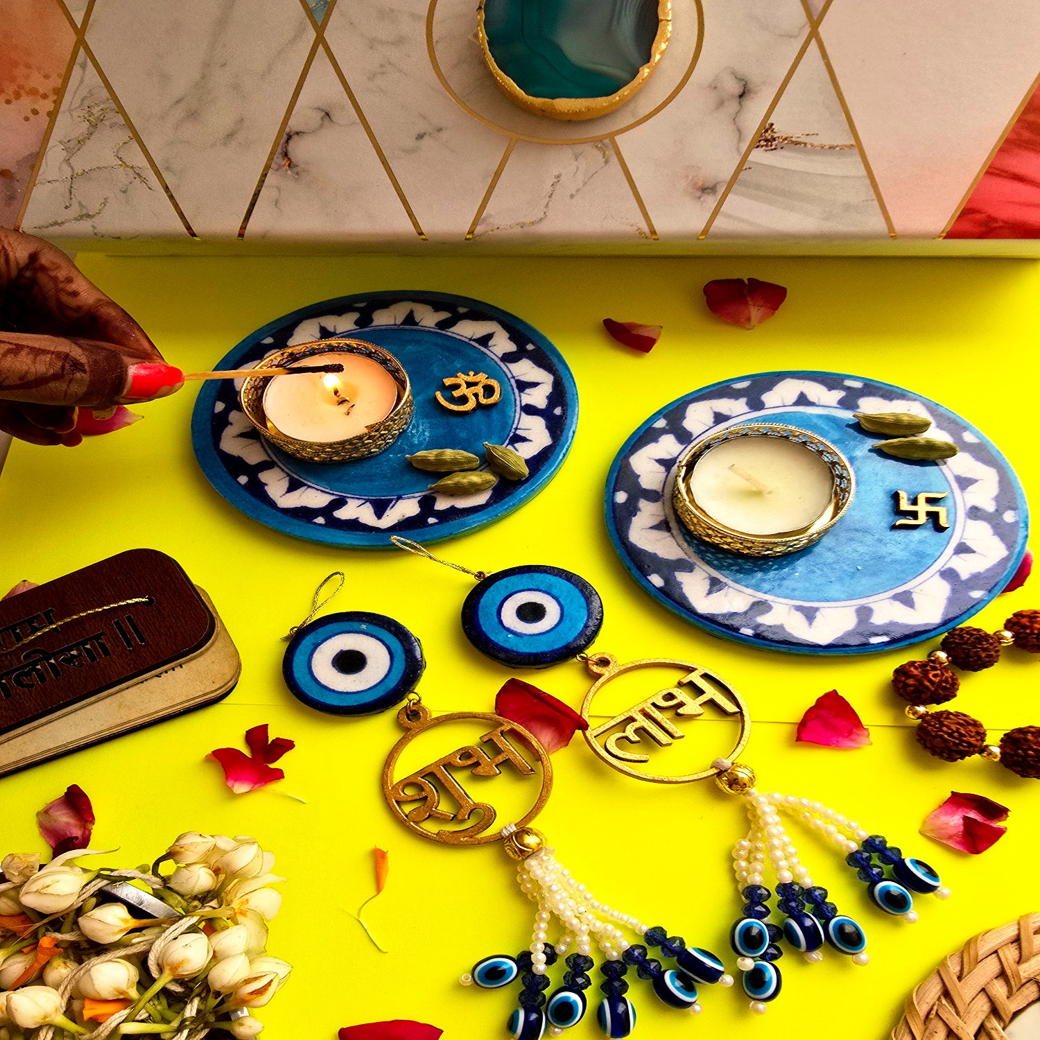 Blue Pottery Tea Light Holder And Shubh Labh Door Hangings