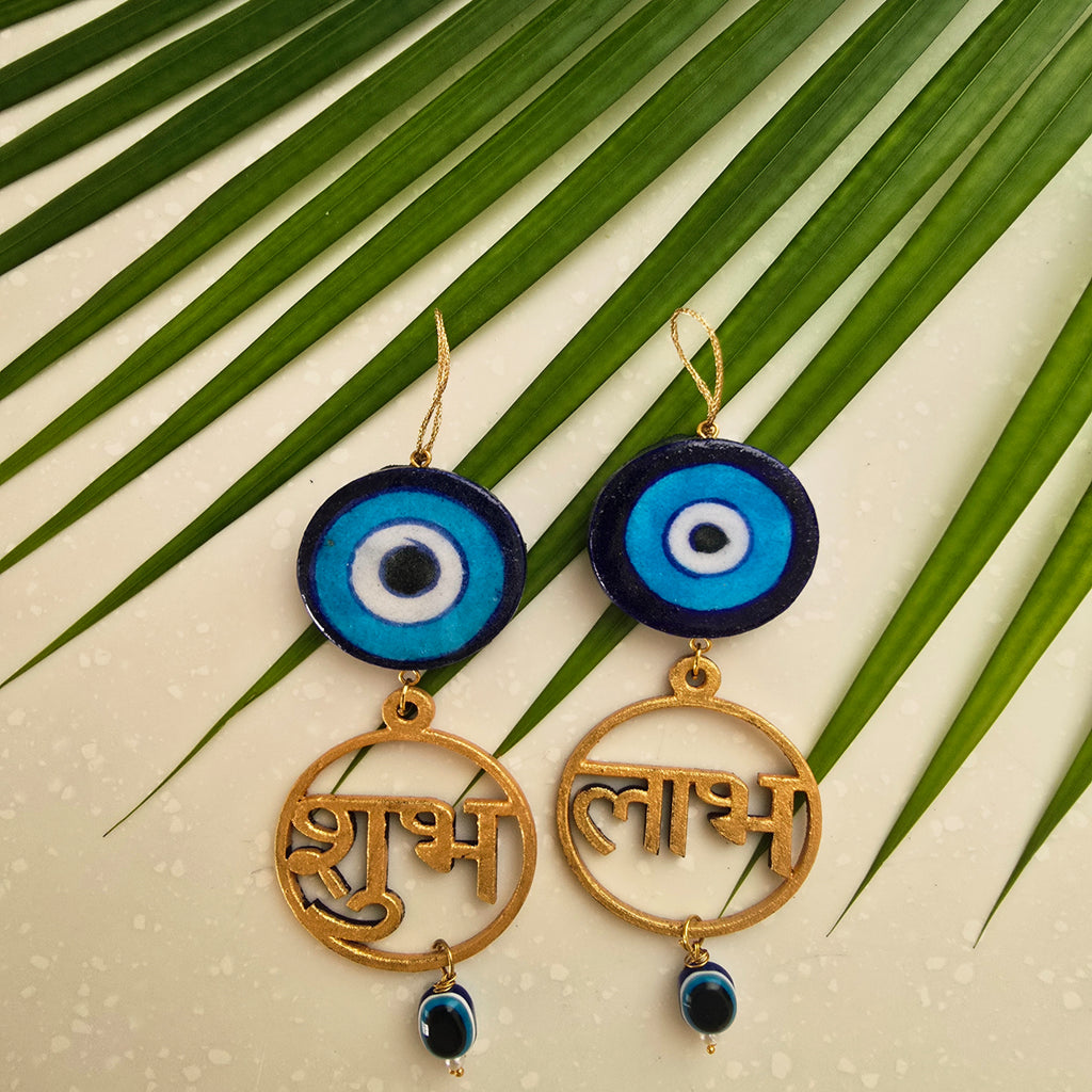 Blue Pottery Evil Eye Shubh Labh Door Hangings