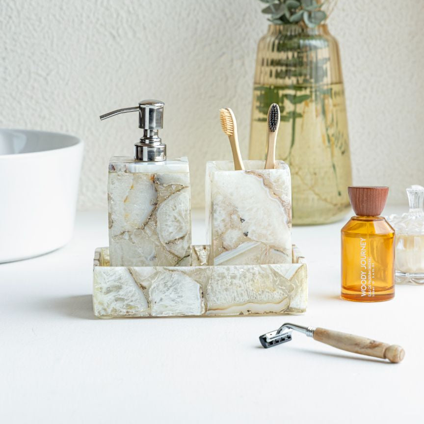 White Agate Bathroom Set includes Soap Dispenser Toothbrush Holder and Towel Tray Set of 3