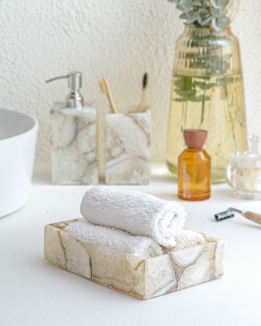 White Agate Bathroom Set includes Soap Dispenser Toothbrush Holder and Towel Tray Set of 3