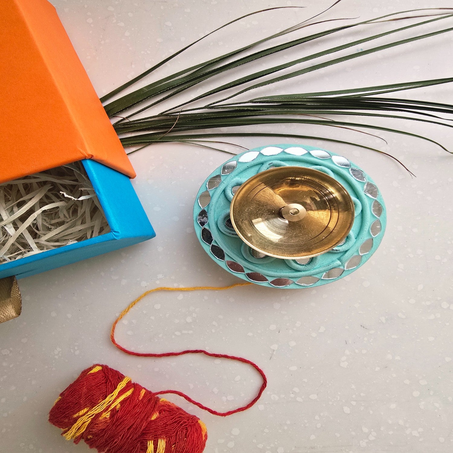 Turquoise MDF Brass Diya with Box