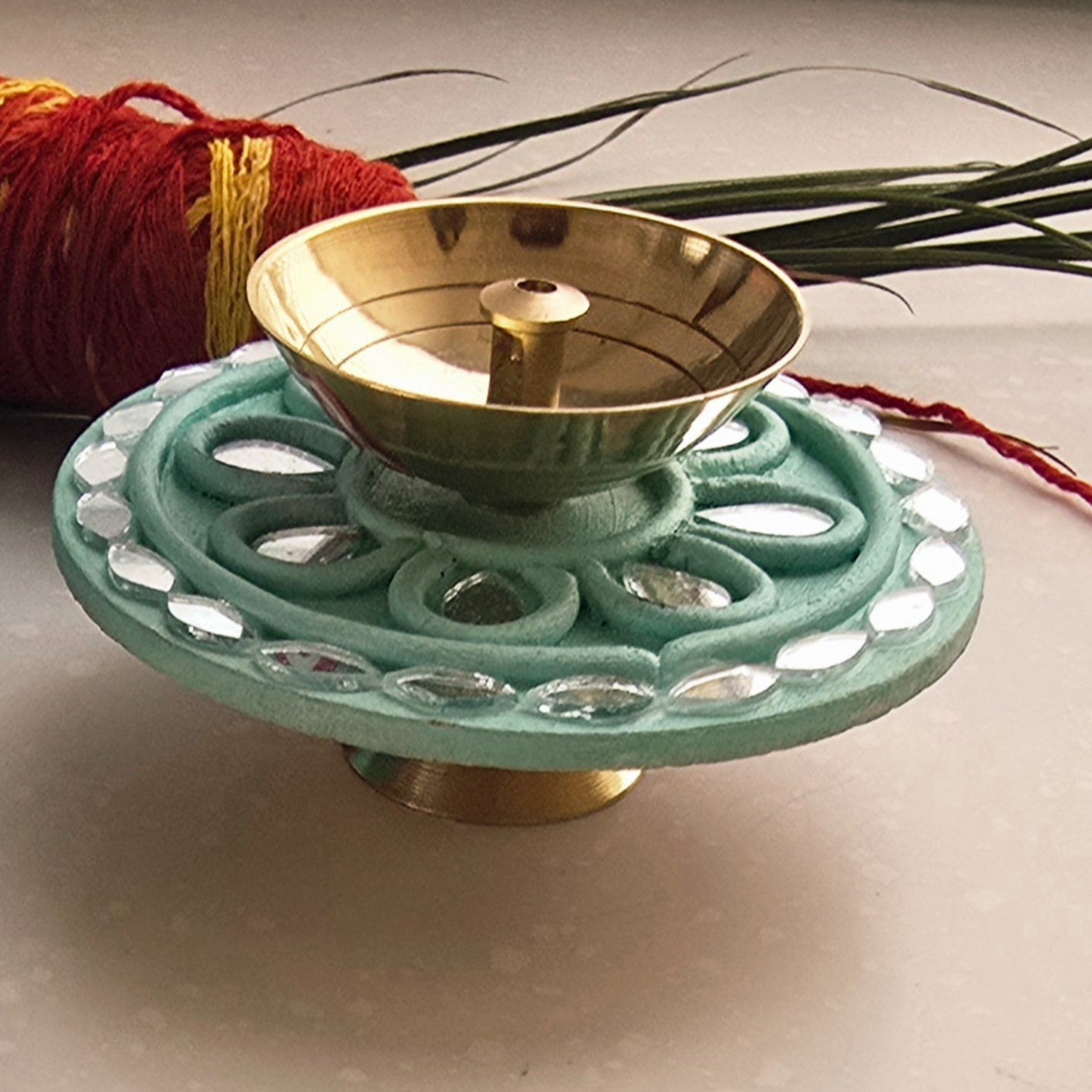 Turquoise MDF Brass Diya with Box