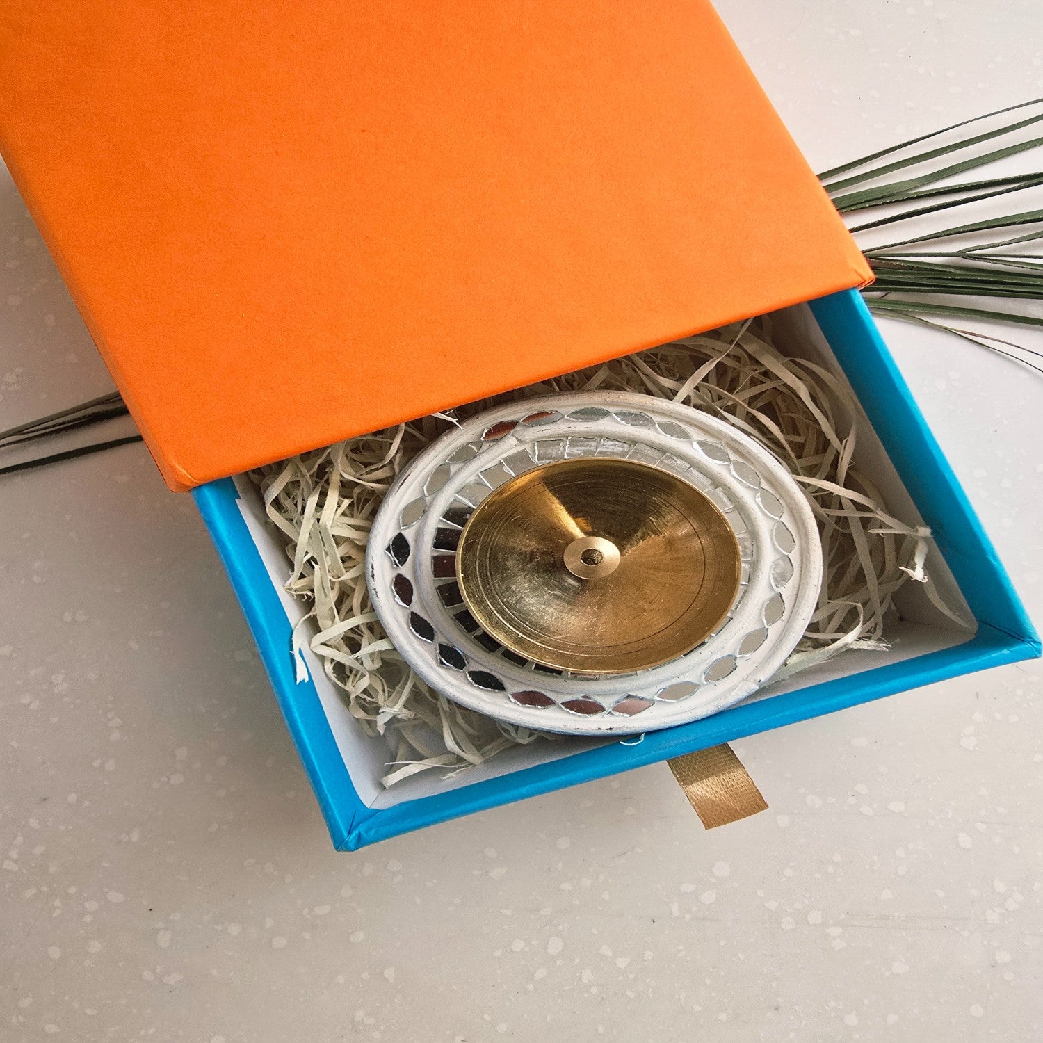 White MDF Brass Diya with Box