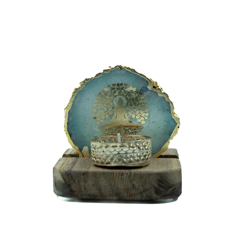 Budha Tree Green Agate Tealight Wooden
